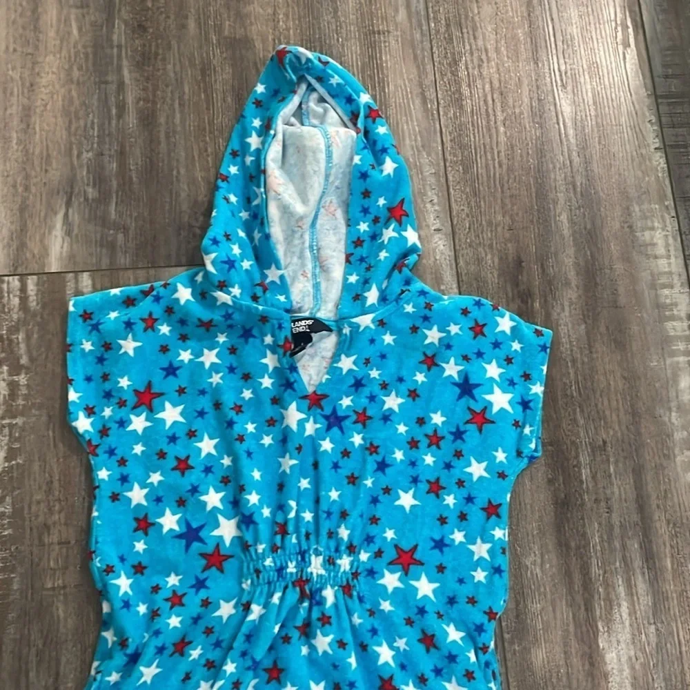 Lands' End Terry Cloth Hooded Star Print Swimsuit Coverup Beach Pool size 10-12